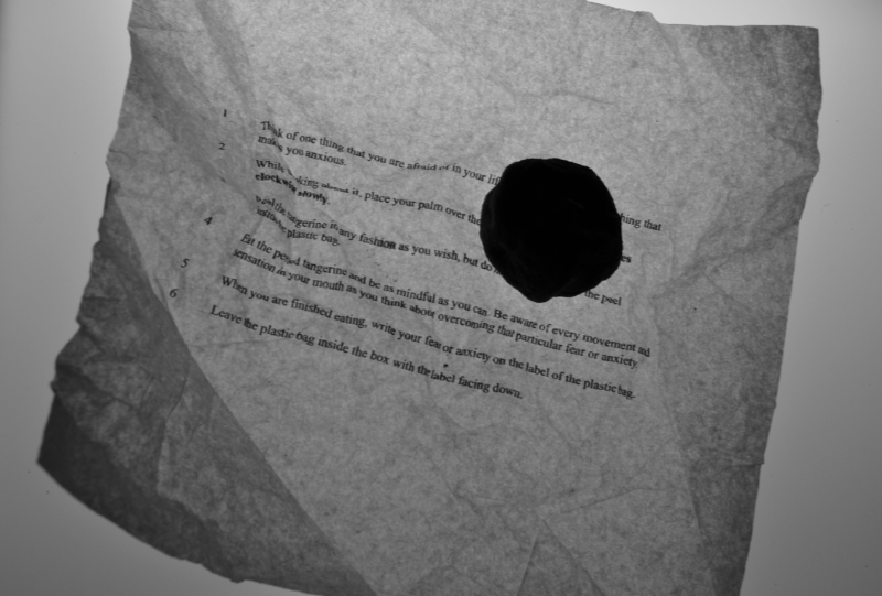 black and white image of tissue paper with instructions written on behind a silhouette of a tangerine